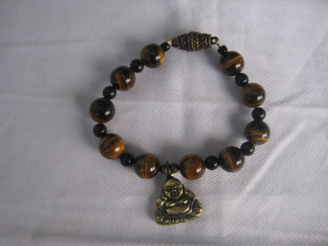 Tiger Eye and Obsidian Bracelet (with Buddha Charm) balance between extremes, discernment, vitality, strength, practicality, cleansing of negativity and grounding 3447